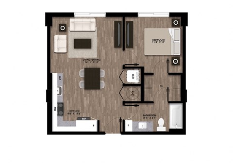 Floor plan for 1 bed, 1 bath, 637 sqft